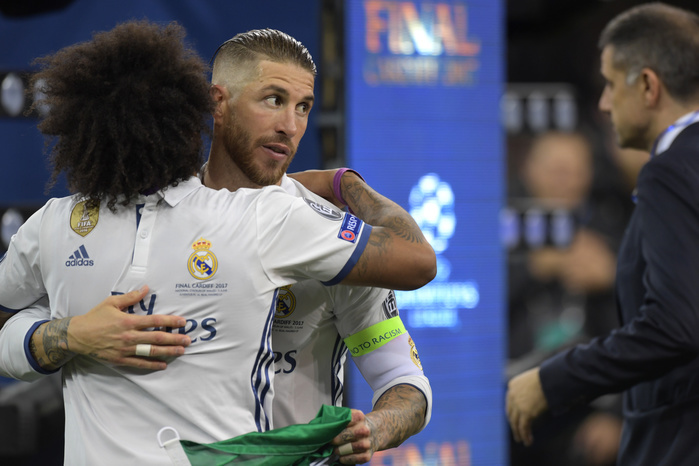 UEFA Champions League Real wins second consecutive championship for the first time in its history  L R  Marcelo, Sergio Ramos  Real , JUNE 3, 2017   Football   Soccer : Marcelo and Sergio Ramos of Real Madrid celebrate after winning the UEFA Champions League Final match between Juventus 1 4 Real Madrid at Millennium Stadium in Cardiff, Wales.  Photo by FAR EAST PRESS AFLO 