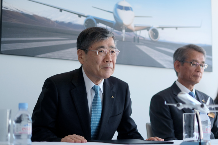 2017 Paris Air Show Hisakazu Mizutani  right  and Mitsubishi Aircraft Corporation s president, Shunichi Miyanaga  L , Mitsubishi Heavy Industries  President and Chief Executive Officer, attend a news conference in front  an image of the third Flight Test Aircraft  FTA 3  of Mitsubishi Regional Jet  MRJ  at the Le Bourget Airport, a day before the opening of the 2017 Paris Air Show on June18, 2017, in Paris, France.  Photo by Yuriko Nakao AFLO 