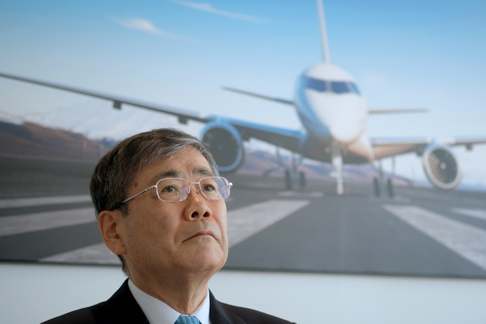 2017 Paris Air Show Shunichi Miyanaga, Mitsubishi Heavy Industries  President and Chief Executive Officer, attends a news conference in front  an image of the third Flight Test Aircraft  FTA 3  of Mitsubishi Regional Jet  MRJ  at the Le Bourget Airport, a day before the opening of the 2017 Paris Air Show on June18, 2017, in Paris, France.  Photo by Yuriko Nakao AFLO 