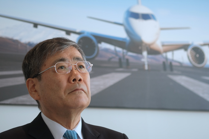 2017 Paris Air Show Shunichi Miyanaga, Mitsubishi Heavy Industries  President and Chief Executive Officer, attends a news conference in front  an image of the third Flight Test Aircraft  FTA 3  of Mitsubishi Regional Jet  MRJ  at the Le Bourget Airport, a day before the opening of the 2017 Paris Air Show on June18, 2017, in Paris, France.  Photo by Yuriko Nakao AFLO 