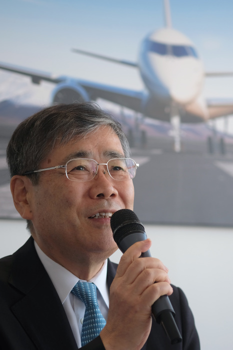 2017 Paris Air Show Shunichi Miyanaga, Mitsubishi Heavy Industries  President and Chief Executive Officer, speaks during a news conference in front  an image of the third Flight Test Aircraft  FTA 3  of Mitsubishi Regional Jet  MRJ  at the Le Bourget Airport, a day before the opening of the 2017 Paris Air Show on June18, 2017, in Paris, France.  Photo by Yuriko Nakao AFLO 
