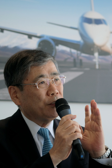 2017 Paris Air Show Shunichi Miyanaga, Mitsubishi Heavy Industries  President and Chief Executive Officer, speaks during a news conference in front  an image of the third Flight Test Aircraft  FTA 3  of Mitsubishi Regional Jet  MRJ  at the Le Bourget Airport, a day before the opening of the 2017 Paris Air Show on June18, 2017, in Paris, France.  Photo by Yuriko Nakao AFLO 