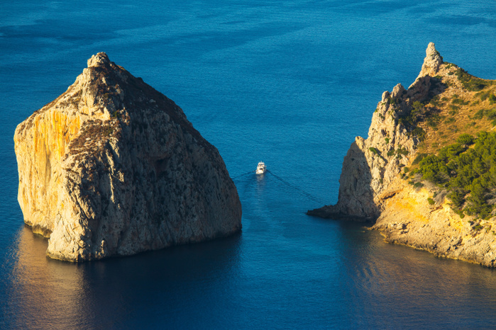   High angle view of El Colomer island and sea, Majorca, Spain