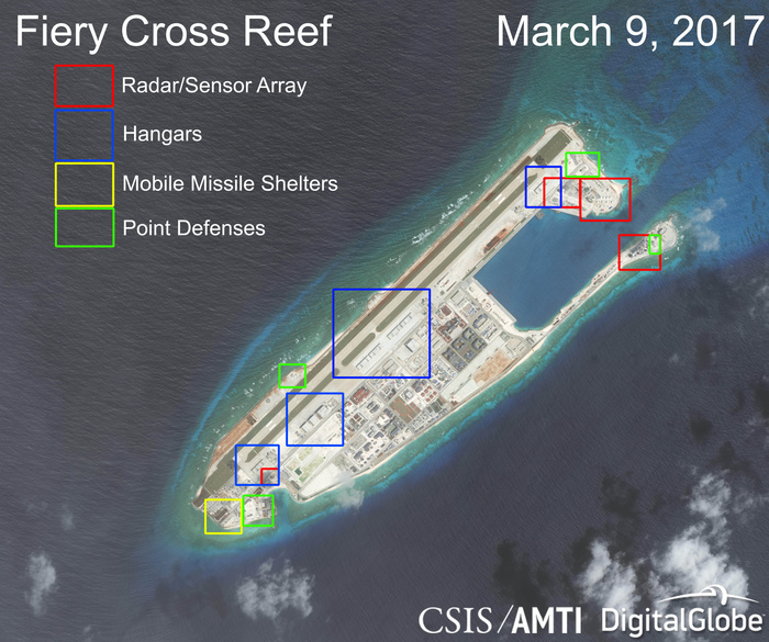 Nansha Islands, Fiery Cross Reef  courtesy photo  A handout photo, taken Fiery Cross Reef in the South China Sea, by provided by CSIS Asia Maritime Transparency Initiative on March 9, 2017. Construction of all the hangars at Fiery Cross Reef enough to accommodate 24 combat aircraft and four larger planes  such as ISR, transport, refueling, or bomber aircraft  has finished. In January, radomes were installed atop three previously unidentified large towers on the northeast arm of the reef as well as a tower at the north end of the airstrip. A large collection of radomes installed to the north of the airstrip represents a significant radar sensor array.  Photo by DigitalGlobe CSIS Asia Maritime Transparency Initiative Handout AFLO  FOR EDITORIAL USE ONLY.