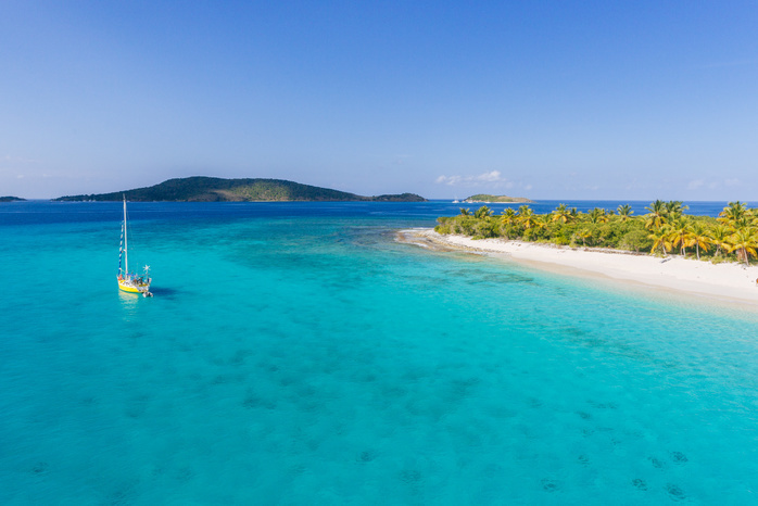 Aerial view of Sandy Spit, an uninhabited islet in the Caribbean A Sailboat Moored Off An Uninhabited Islet Of The British Virgin Islands In The Caribbean