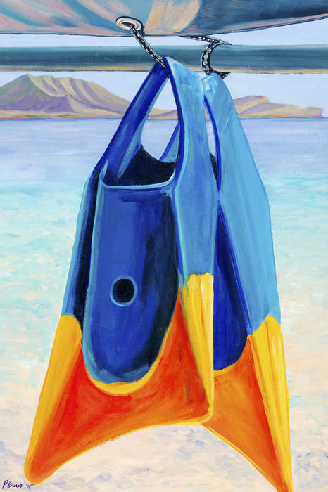 Fins, Colorful swim fins hanging from sailboat tie (Acrylic painting).