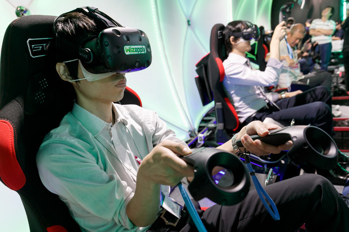 CONTENT TOKYO 2017 Visitors test the VR Ride Simulator Wizapply during the CONTENT TOKYO 2017 at Tokyo Big Sight on June 28, 2017, Tokyo, Japan. New technologies such as Artificial Intelligence  AI , Virtual Reality  VR  and Augmented Reality  AR  are introduced during the three day trade show where 1760 exhibitors from the entertainment content industry will attend. Organizers expect that the event will draw some 63,000 visitors.  Photo by Rodrigo Reyes Marin AFLO 