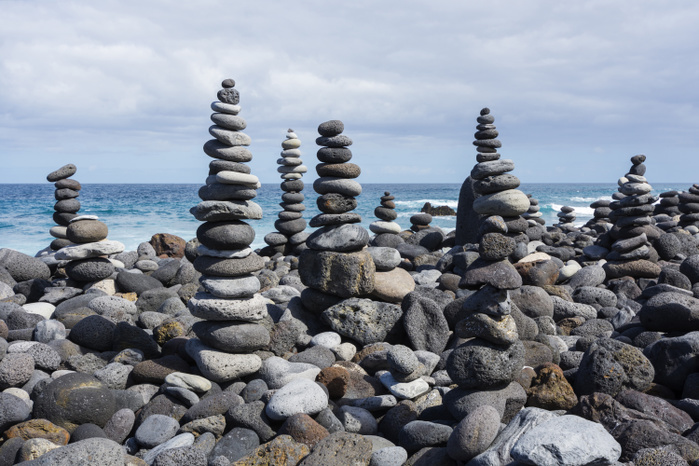 Spain Stone Towers on Beach at Puerto de la Cruz, Tenerife, Canary Islands, Spain