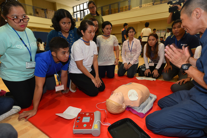 Foreign Caregiver Candidates July 5, 2017, Yokohama, Japan   A group of 100 care worker candidates from the Philippines learns chest compression and ventilation techniques in resuscitation on a dummy torso during their visit to Disaster Risk Education Learning Center in Yokohama, south of Tokyo, on Wednesday, July 5, 2017. To make up for the needs of a country with a shrinking population and decreasing laborers, Japan has began accepting unskilled foreign workers in such a sector as nursing care.   Photo by Natsuki Sakai AFLO  AYF  mis 