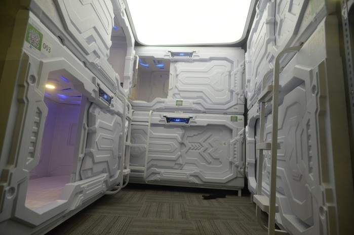 China Capsule Hotel where you can take a nap Shared sleeping capsules which aimed at offering white collar workers a space to take a break by a company appear in Zhongguancun Innovation Zone in Beijing,China on 17th July 2017.  
