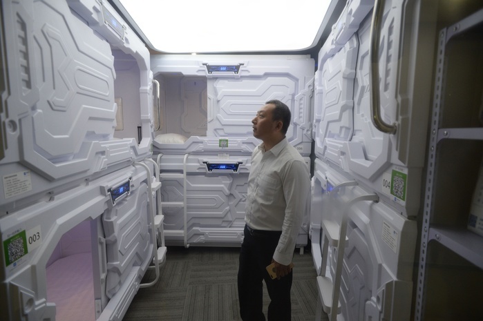 China Capsule Hotel where you can take a nap Shared sleeping capsules which aimed at offering white collar workers a space to take a break by a company appear in Zhongguancun Innovation Zone in Beijing,China on 17th July 2017.  