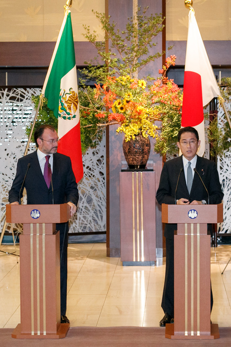Foreign Ministers of Japan and Mexico attend news conference  L to R  Mexican Foreign Minister Luis Videgaray Caso and Japanese Minister for Foreign Affairs and Minister of Defense Fumio Kishida speak during a news conference at the Iikura guest house on July 31, 2017, Tokyo, Japan. Videgaray and Kishida discussed topics including renegotiation of  North America Free Trade Agreement  NAFTA  and Trans Pacific Partnership  TTP  and solidarity against North Korea.  Photo by Rodrigo Reyes Marin AFLO 
