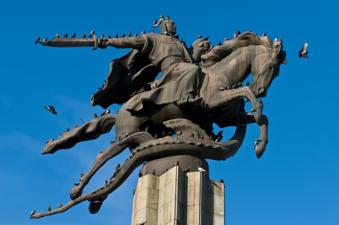   Central Asia, Kyrgyzstan, Chuy province, capital Bishkek, Philharmonia theatre, statue reminding of the Epic of Manas