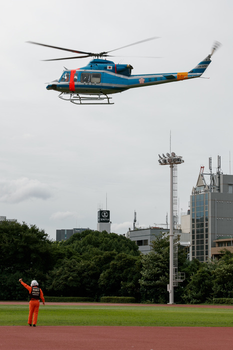 Tokyo Governor Koike lowered from helicopter in disaster drill Tokyo Governor Yuriko Koike descends on a helicopter during a Disaster Countermeasure Emergency drill on September 1, 2017, Tokyo, Japan. The drill marks the anniversary of the Great Kanto earthquake that struck the Japanese main island of Honshu on September 1, 1923.  Photo by Rodrigo Reyes Marin AFLO 