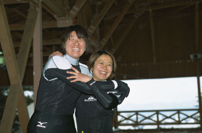 Harumi Yamamoto, Miyako Sato,
JANUARY 7-8, 2001 - Bobsleigh :
Harumi Yamamoto (L) and Miyako Sato (R) celebrate during the All Japan Bobsleigh Championships Two-woman event at Spiral in Nagano, Japan.
 (Photo by Jun Tsukida/AFLO SPORT) [0003].