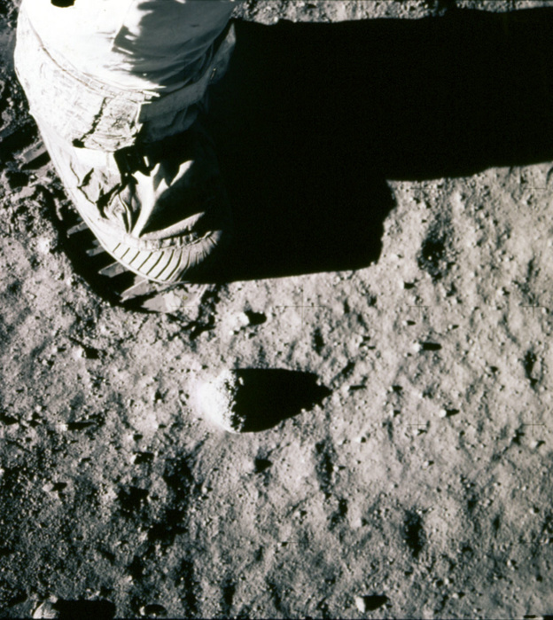 Apollo 11 Moon Landing  July 20, 1969   Courtesy photo  Buzz Aldrin leaves his footprint on the lunar soil. The soil took footprints like damp sand. 1969