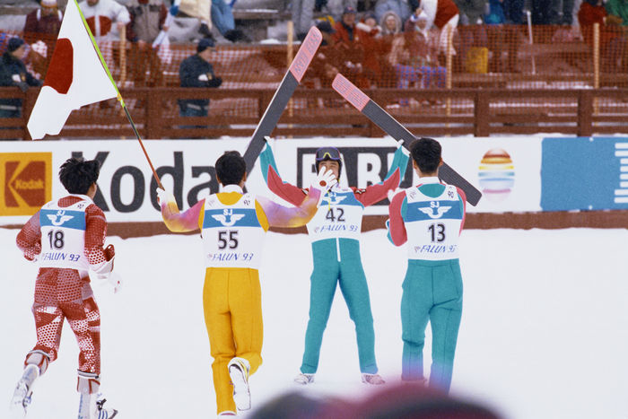 1993 World Nordic Championships, Jumping, Men s Normal Hill, first gold medal for Japan Masahiko Harada  JPN , Masahiko Harada of Japan FEBRUARY 27, 1993   Ski Jumping : Masahiko Harada of Japan is congratulated after winning the gold medal in the Ski Jumping Normal Hill at the 1993 FIS Nordic Masahiko Harada of Japan is congratulated after winning the gold medal in the Ski Jumping Normal Hill at the 1993 FIS Nordic World Ski Championships in Falun, Sweden.  Photo by AFLO SPORT   0006 .