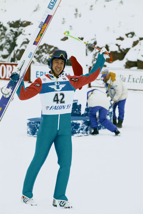1993 World Nordic Championships, Jumping, Men s Normal Hill, first gold medal for Japan Masahiko Harada  JPN  FEBRUARY 27, 1993   Ski Jumping : Masahiko Harada of Japan celebrates after winning the gold medal in the Ski Jumping Normal Hill at the 1993 FIS Nordic World Ski Championships in Falun, Sweden.  Photo by AFLO SPORT   0006 .