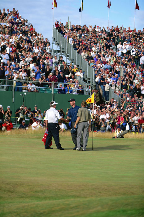 2001 British Open Final Day David Duval celebrates his victory Langer congratulates David Duval  USA , JULY 22, 2001   Golf : David Duval  C  of USA is congratulated by Bernhard Langer  R  of Germany on the 18th green after winning the 130th British Open Championship at Royal Lytham   St Annes Golf Club in Lytham St. Annes, Lancashire, England.  Photo by Koji Aoki AFLO SPORT   0008 