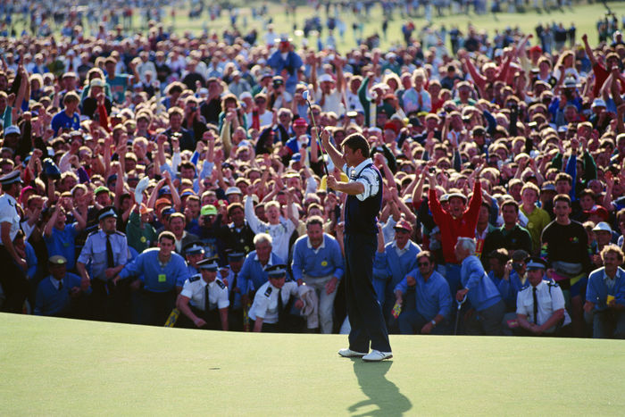 1990 British Open Nick Faldo, winner, makes his last putt and poses with guts. Nick Faldo, July 22, 1990   Golf : celebrates during the British Open Golf Tournament held at St Andrews, Scotland,  Photo by Koji Aoki AFLO SPORT   0008 