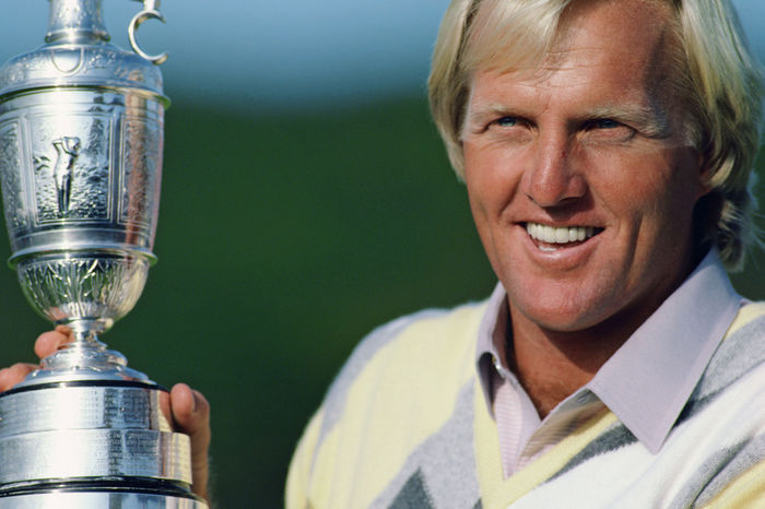 1986 British Open Awards Ceremony Winner Greg Norman Smiling with the trophy Greg Norman,July 20, 1986   Golf : celebrates during the final round of the 1986 British Open Golf Championship held on July 20, 1986 at Turnberry, in Ayrshire, Scotland.  Photo by Koji Aoki AFLO SPORT   0008 