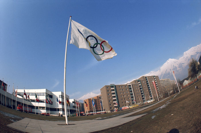 1976 Innsbruck Olympics The Athlete Village, IOC Flag, February 4, 1976 : during the Winter Olympic Games in Innsbruck, Austria,  Photo by Shinichi Yamada AFLO   0348 
