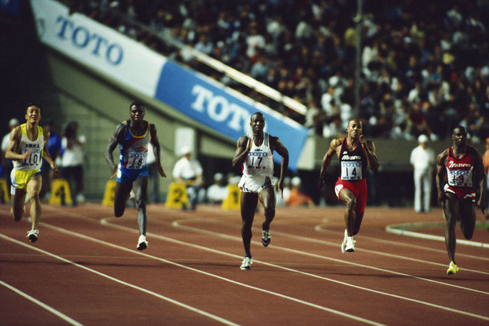 (L to R) Nobuharu Asahara, Carl Lewis (USA), Donovan Bailey (CAN), Frankie Fredericks (NAM), September 16, 1998 - Athletics : during the TOTO Super track and Field in Japan, (Photo by Shinichi Yamda/AFLO) [0348].