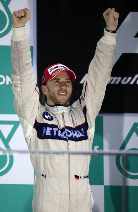 Motorsports   Formula 1: World Championship 2009, GP of Malaysia Nick Heidfeld  BMW Sauber , APRIL 5, 2009   F1 : Second placed Nick Heidfeld of Germany and BMW Saubercelebrates on the podium in the rain curtailed Malaysian Formula One Grand Prix at the Sepang Circuit in Kuala Lumpur, Malaysia.  Photo by AFLO   0906      Local Caption         www.hoch zwei.net     copyright: HOCH ZWEI   Juergen Tap    