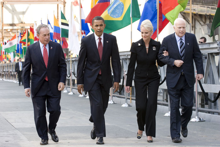 McCain and Obama at the World Trade Center on September 11, 2008. Presidential Candidates At 9 11 Memorial Ceremony, September 11, 2008   News : Left to right, New York City Mayor Michael Bloomberg Democratic presidential candidate Sen. Barack Obama  D Ill. , Republican presidential candidate Sen. John McCain  R Ariz.  and his wife Cindy McCain , leave Ground Zero, the exact location where the World Trade Center twin towers once stood, after laying flowers at the commemorative reflecting pool on September 11, 2008, the seventh anniversary of the 9 11 attacks on the World Trade Center in New York City. Photo by Aurora Photos AFLO   2980 .