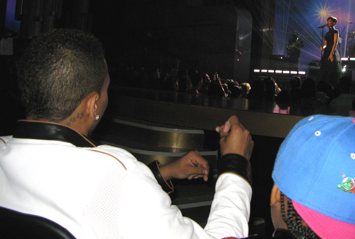2008 BET Awards   Backstage   Audience Chris Brown, Jun 24, 2008 : Chris Brown who has the same stars tattoo as Rihanna on his neck, was watching and listening to Rihanna sing. 2008 BET Awards   Backstage   Audience. Shrine Auditorium. Los Angeles, CA, USA. Tuesday, June 24, 2008  Photo by Celebrity Vibe AFLO   2361 