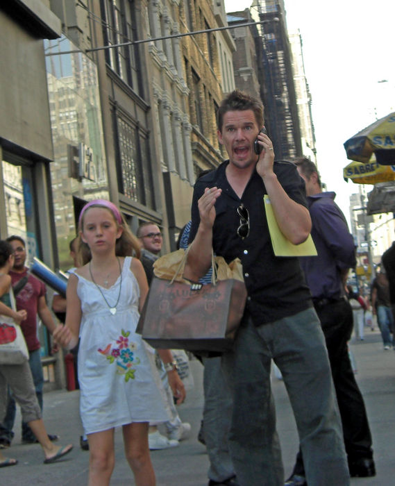 Ethan Hawke with daughter, Maya Ray Thurman Hawke Ethan Hawke, Aug 21, 2008 : Ethan Hawke with daughter, Maya Ray Thurman Hawke, from his first marriage with Uma Thurman having a heated argument on his cell phone on Fifth Avenue and 22 Street.Notice his wedding ring on his finger, he married his former nanny, Ryan Shawhughes around June 10, 2008.New York, NY, United States Thursday, August 21, 2008  Photo by Celebrity Vibe AFLO   2361 