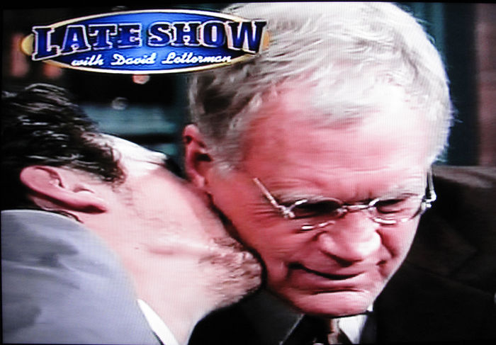 James Franco kissing David Letterman on the TV Show. James Franco and David Letterman, Nov 21, 2008 : James Franco kissing David Letterman. While James Franco was promoting his latest movie  Milk , in which he portray a gay men and kisses Sean Penn, he told David he would also kiss him so David gave him his cheek. James Franco on David Letterman Talk TV Show. Ed Sullivan Theater. New York, NY, USA Friday, November 21, 2008.  Photo by Celebrity Vibe AFLO   2361 