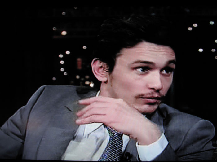 James Franco kissing David Letterman on the TV Show. James Franco, Nov 21, 2008 : James Franco kissing David Letterman. While James Franco was promoting his latest movie  Milk , in which he portray a gay men and kisses Sean Penn, he told David he would also kiss him so David gave him his cheek. James Franco on David Letterman Talk TV Show. Ed Sullivan Theater.New York, NY, USA Friday, November 21, 2008.  Photo by Celebrity Vibe AFLO   2361 