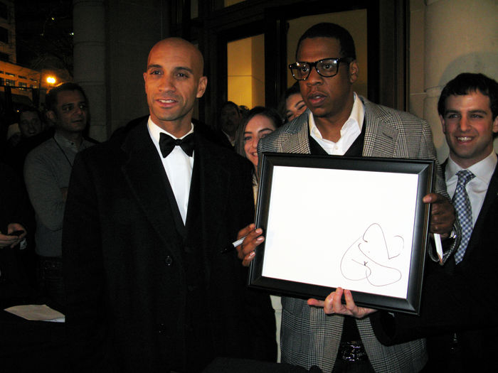 Jay Z On the Eve of Change Concert in DC. Adrian M. Fenty and Jay Z, Jan 19, 2009 : Mayor of DC Adrian M. Fenty with Jay Z, who signs his initials for the Warner Theater. Jay Z On the Eve of Change Concert. Barack Obama Inauguration. Warner Theater. Washington, DC, USA. Monday, January 19, 2009.  Photo by Celebrity Vibe AFLO   2361 