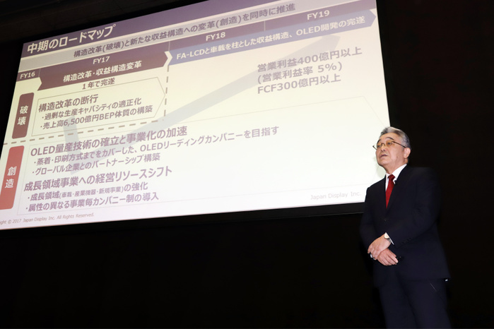 JOLED to Mass Produce OLED under Japan Display  September 2017  September 26, 2017, Tokyo, Japan   This picture taken on September 26, 2017 shows Japan Display inc  JDI  chairman Nobuhiro Higashiiriki announcing their business strategy in Tokyo. JDI will have plan to start the mass production of the Organic Light Emitting Diode  OLED  panels, business paper reported on October 4.    Photo by Yoshio Tsunoda AFLO  LWX  ytd 