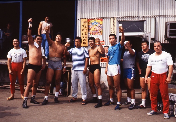 1st UWF Dojo  unknown date  Wrestlers of UWF, circa 1984   Pro Wrestling : UWF wrestlers stand in front of their dojo  training hall  in Tokyo, Japan.  L to R  Satoru Hiramatsu, Yoshiaki Fujiwara, Akira Maeda, Osamu Kido, Nobuhiko Takada, Kazuo Yamazaki, unknown, Tatsuo Nakano Tatsuo Nakano