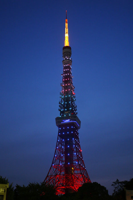 Tokyo Tower Lights Up in Olympic Colors The 332.6 meter tower was illuminated in white, yellow, red, green and blue, using white light instead of the of the Olympic Games. The 332.6 meter tower was illuminated in white, yellow, red, green and blue, using white light instead of the original black in the Olympic rings.  Photo by AFLO   1045  The 332.6 meter tower was illuminated in white, yellow, red, green and blue, using white light instead of the original black in the Olympic rings.