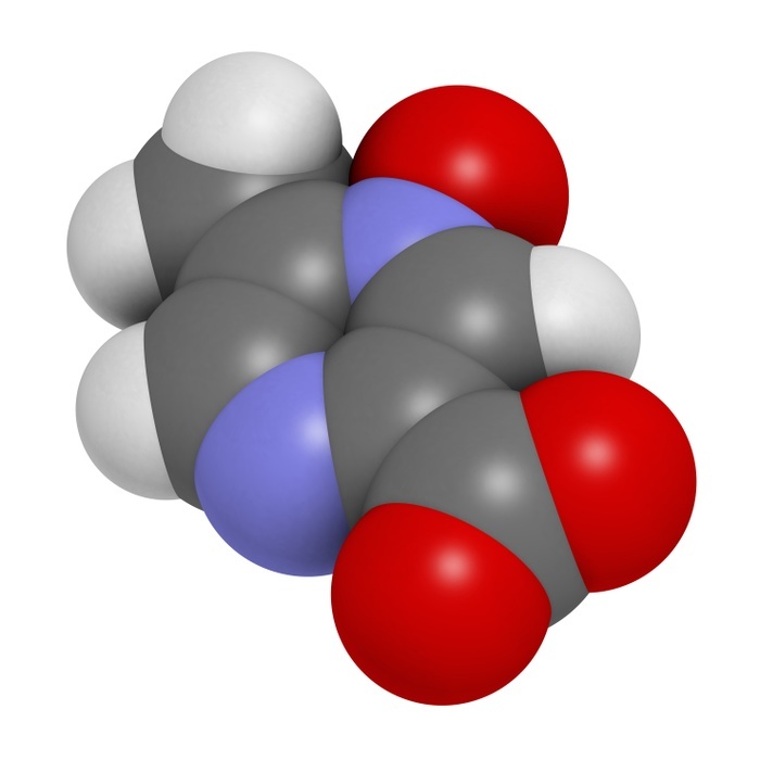 Acipimox hypertriglyceridemia drug molecule. 3D rendering. Atoms are represented as spheres with conventional colour coding: hydrogen (white), carbon (grey), nitrogen (blue), oxygen (red).