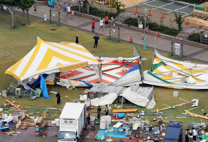 A tent that was blown away and wrecked by a gust of wind at the site of the 