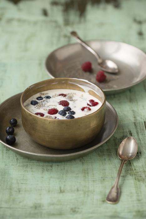 yogurt Metal bowl of vanilla yoghurt with chia, Salvia hispanica, blueberries and raspberries on green wood