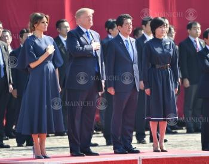 First visit to Japan by U.S. President Trump  From left  U.S. First Lady Melania, U.S. President Trump, Prime Minister Shinzo Abe, and his wife Akie listen to the U.S. national anthem at a welcoming ceremony in Japan, at the State Guest House in Minato Ward, Tokyo, November 6, 2017, 11:52 AM  photo by Toshiki Miyama