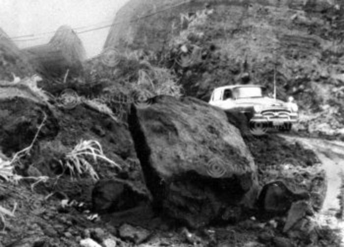 Miyakejima Eruption  August 26, 1962  Miyakejima eruption Rocks collapsed on a road on the island due to a strong earthquake triggered by the eruption,  Photo by Mainichi Newspaper AFLO   2400 .