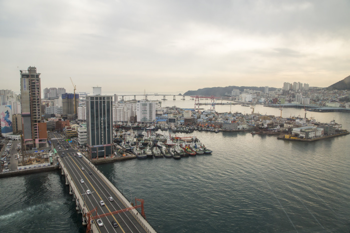 The Busan Nam Port and the Yeongdo Bridge are seen in the port city of Busan Busan South Port, Nov 17, 2017 : The Busan Nam Port  Busan South Port  and the Yeongdo Bridge  bottom L  are seen in the port city of Busan, about 420 km  261 miles  southeast of Seoul, South Korea. Japan colonized the Korean Peninsula from 1910 45. Busan is South Korea s second largest city.  Photo by Lee Jae Won AFLO   SOUTH KOREA 