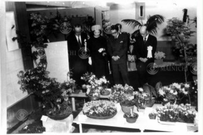 Crown Prince Akihito  April 1961  Crown Prince Akihito  later Emperor Akihito  visits the  Flower Culture Exhibition,  in which he is also an exhibitor, with Princess Michiko,  Photo by Mainichi Newspaper AFLO   2400 .