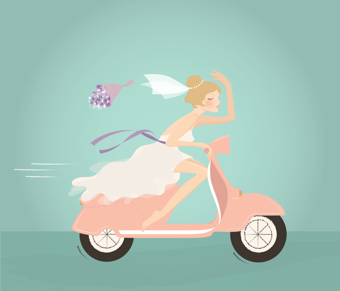 Illustration of bride throwing bouquet Illustration of bride throwing flower bouquet while riding scooter against blue background.