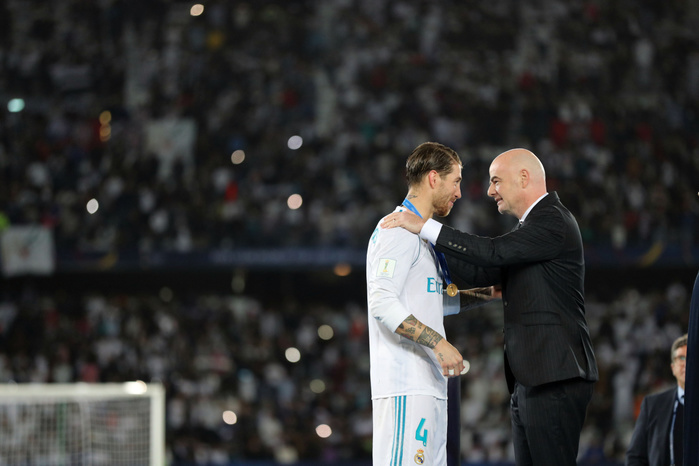 2017 FIFA Club World Cup. Real Madrid wins back to back titles Sergio Ramos  Real , FIFA President Gianni Infantino, December 16, 2017   Football   Soccer : FIFA Club World Cup UAE 2017 final match between Real Madrid 1 0 Gremio at Zayed Sports City Stadium, Abu Dhabi, United Arab Emirates.  Photo by AFLO 
