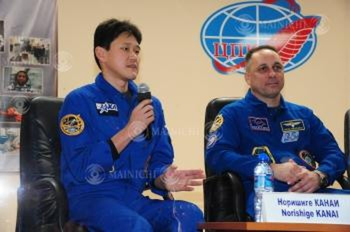 Soyuz MS 07 to be launched  Kanai and others to board Nobushige Kanai  left  answers questions at a press conference in English at a hotel in Baikonur, Kazakhstan, December 16, 2017, 5:45 p.m. Photo by Sake Yui