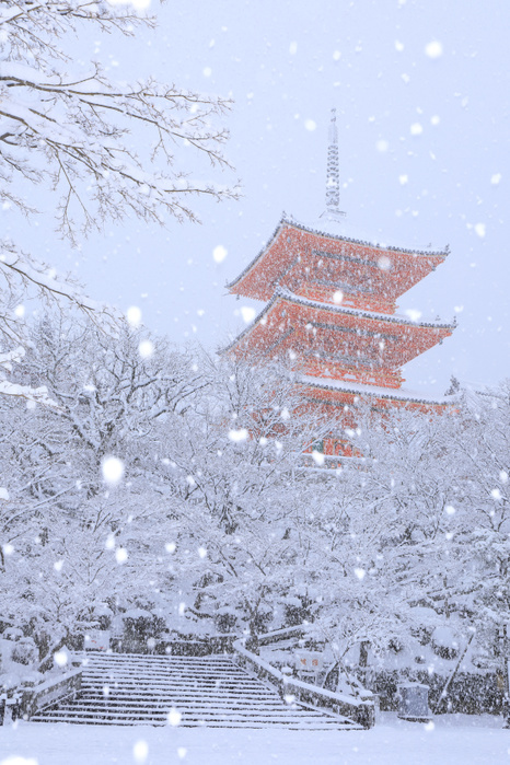 Three-storied Pagoda on a Snowy Morning at Kiyomizu-dera Temple, Kyoto