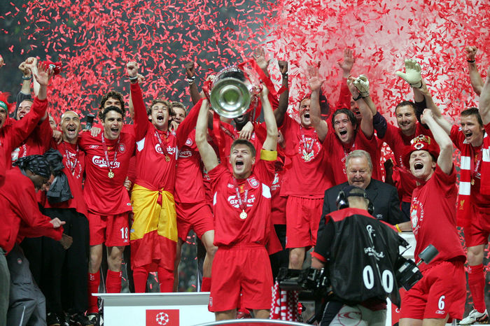 UEFA Champions League final Liverpool team group,  MAY 25, 2005   Football : Liverpool s captain English midfielder Steven Gerrard  C  holds the trophy as the other Liverpool players celebrate winning the Champions League final soccer match against AC Milan at the Ataturk Olympic stadium in Istanbul May 25, 2005. Liverpool made European soccer history by coming from 3 0 down to beat favourites AC Milan 3 2 on penalties in an astonishing Champions League final that had finished 3 3 after extra time on Wednesday.  Photo by AFLO   882 