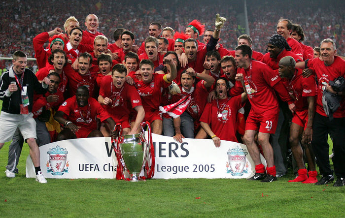 UEFA Champions League final Liverpool team group,  MAY 25, 2005   Football : Liverpool s captain English midfielder Steven Gerrard  C  holds the trophy as the other Liverpool players celebrate winning the Champions League final soccer match against AC Milan at the Ataturk Olympic stadium in Istanbul May 25, 2005. Liverpool made European soccer history by coming from 3 0 down to beat favourites AC Milan 3 2 on penalties in an astonishing Champions League final that had finished 3 3 after extra time on Wednesday.  Photo by AFLO   882 